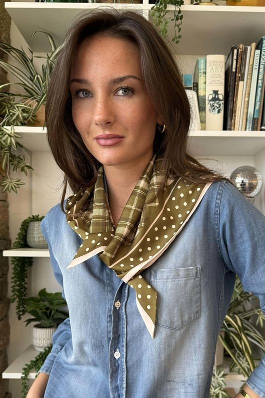 Plaid & Polka Border Triangle Silk Neckerchief Olive